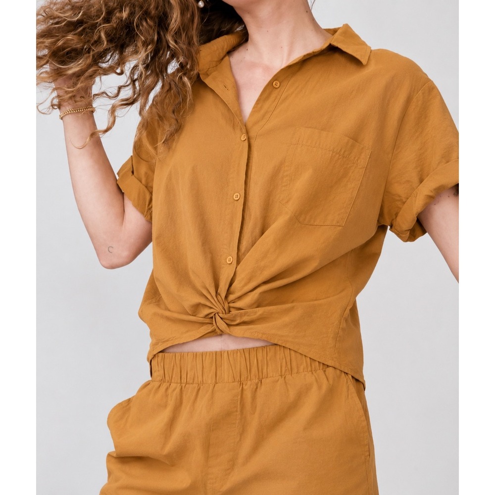 NWT Stateside | Poplin Twist Shirt XS Caramel Orange Short Sleeve Cropped Cotton
